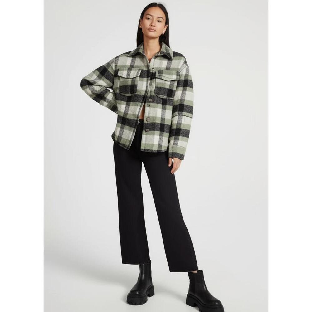 PRINCESS POLLY Veera Shacket Womens Size‎ US 2 Sage Green Plaid Overshirt